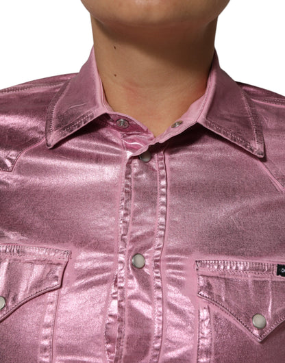 Pink Cotton Stretch Collared Cropped Jacket