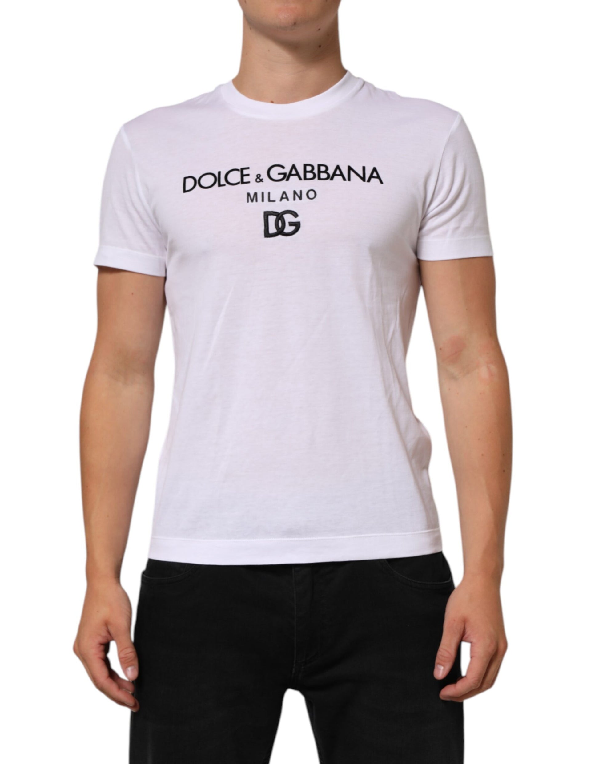 White Logo Print Cotton Men Crew Neck T-shirt