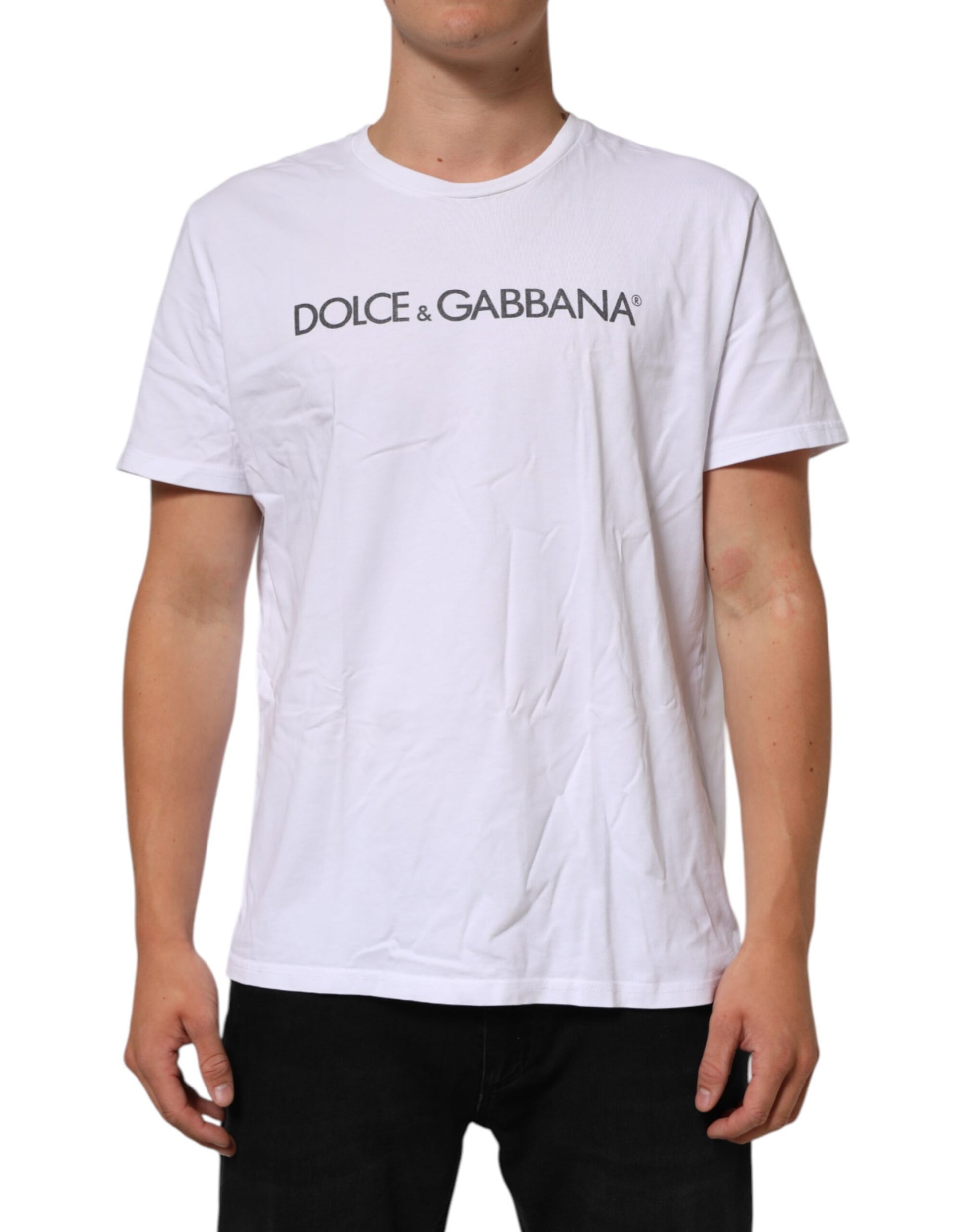 White Logo Print Cotton Crew Neck T-shirt