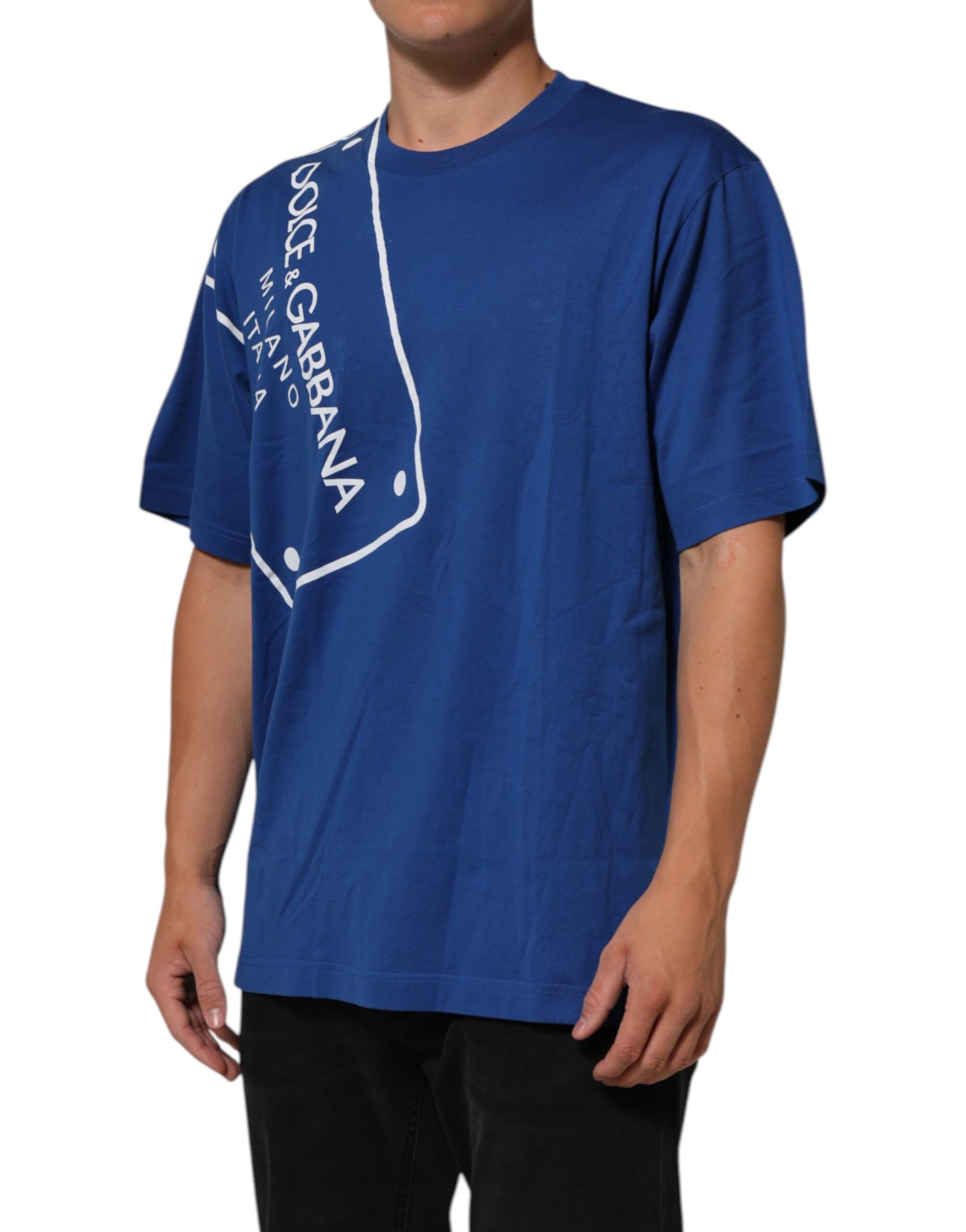 Blue Logo Print Cotton Crew Neck Men T-shirt