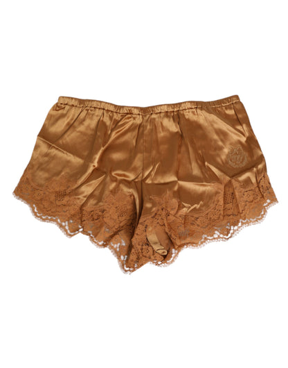 Brown Silk Satin Floral Lace Shorts Underwear