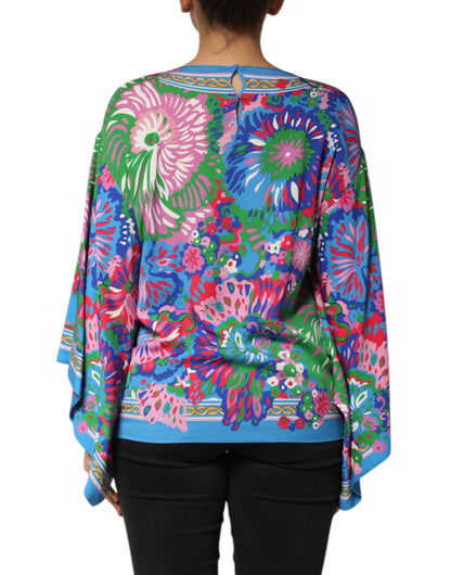 Multicolor Floral Print Silk Tunic Blouse Top