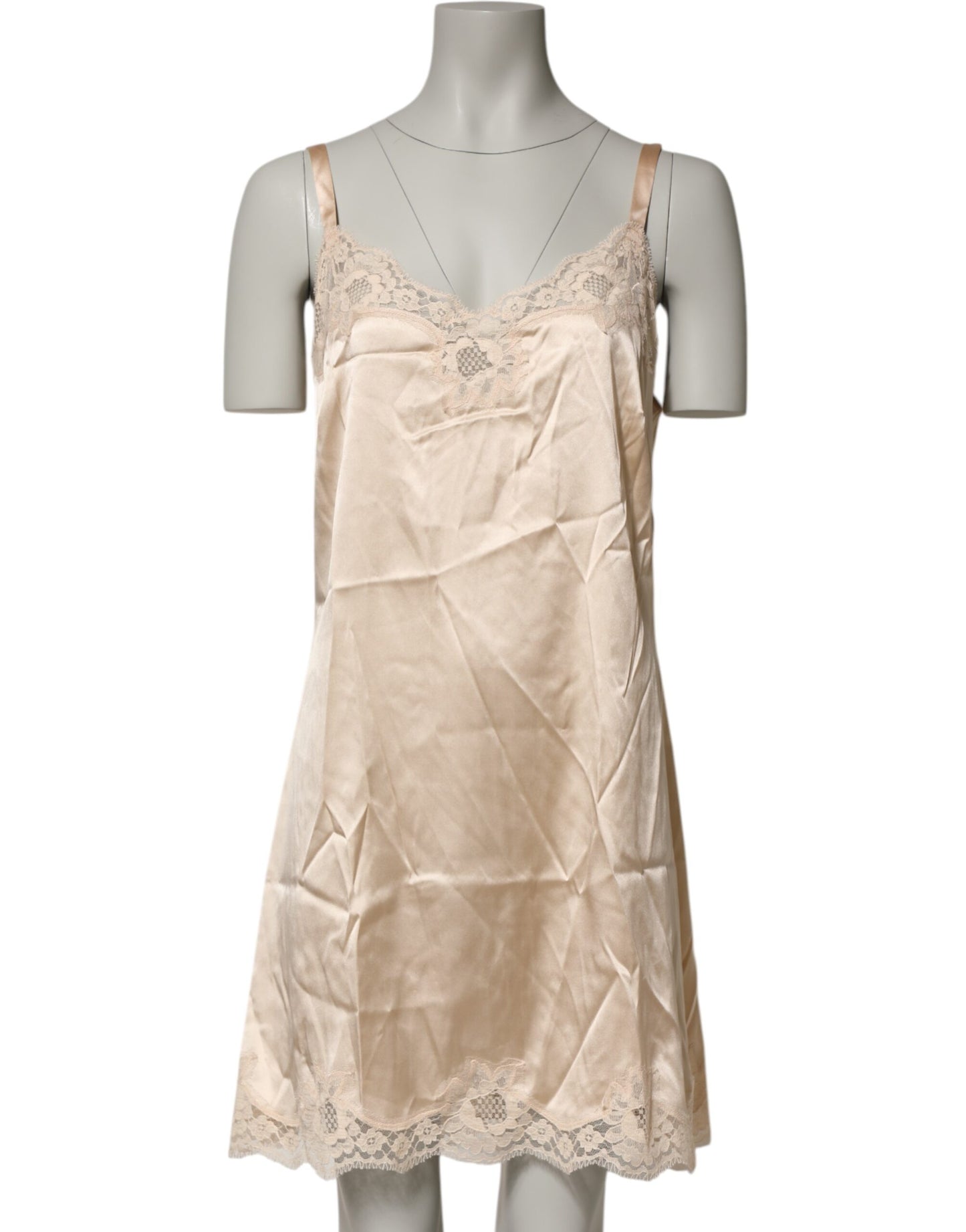 Nude Chemise Lingerie Silk Blend Lace Trim Dress
