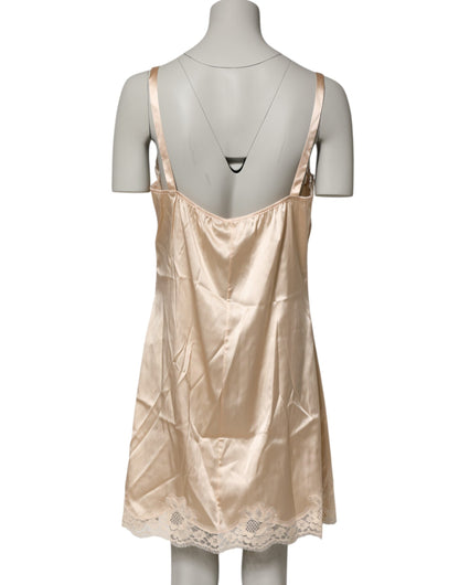 Nude Chemise Lingerie Silk Blend Lace Trim Dress