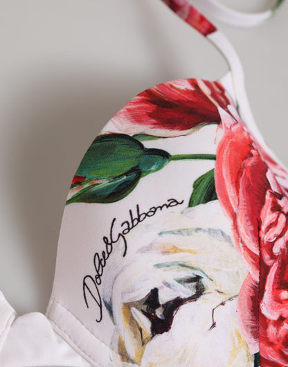 White Floral Print Halter Bikini Top Swimwear