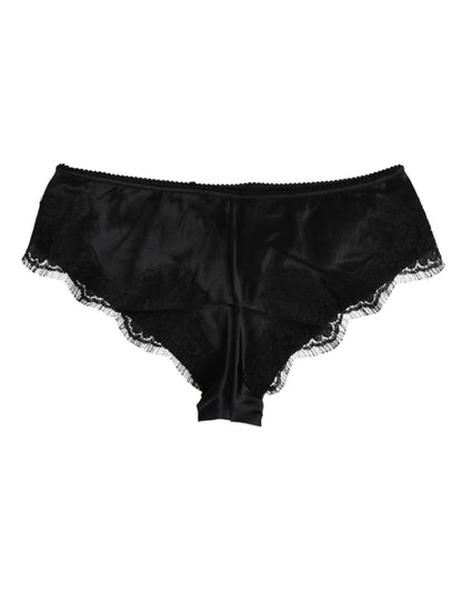 Black Silk Satin Floral Lace Panty Brief Underwear