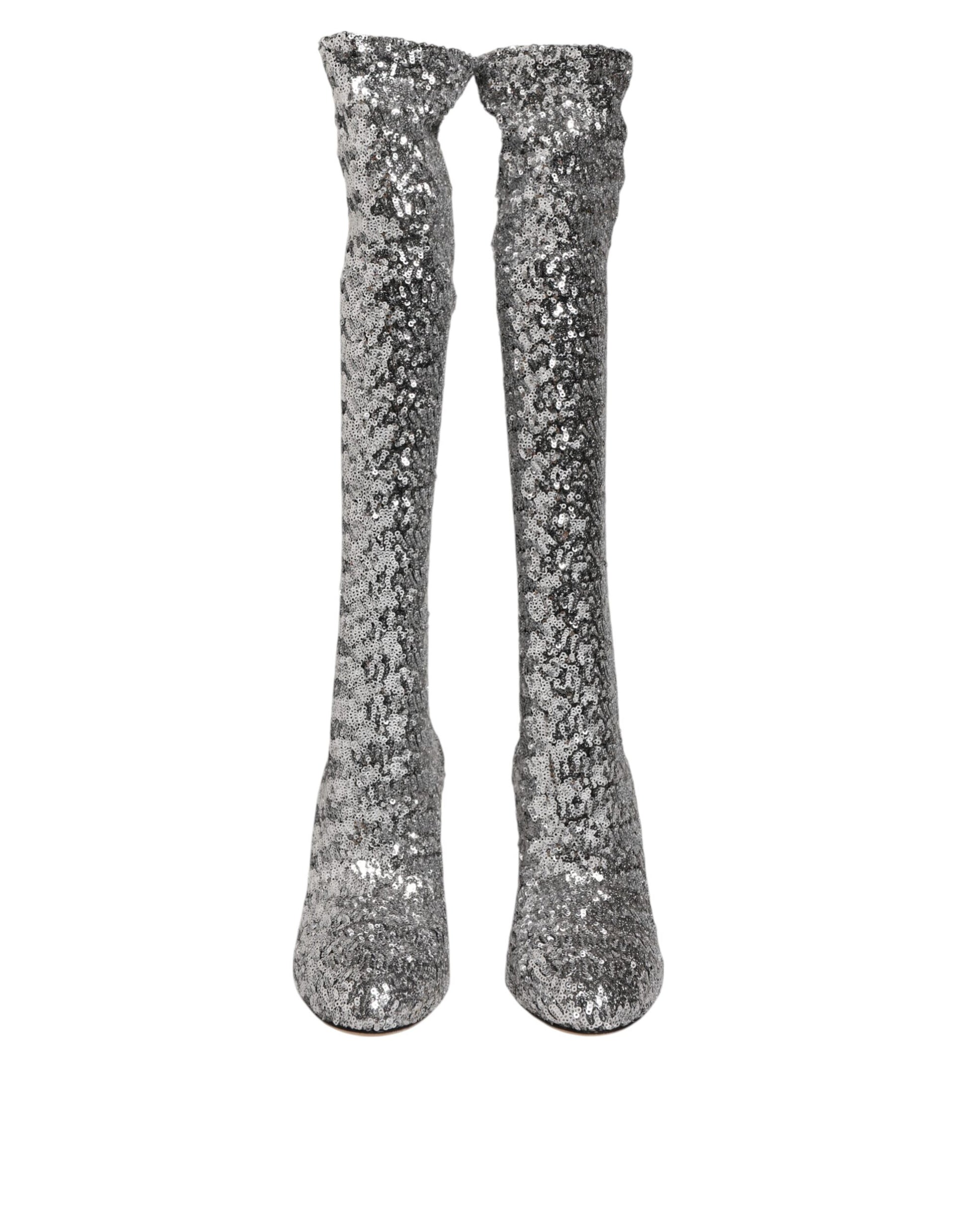 Silver Sequins Glitter High Heel Boot Shoes