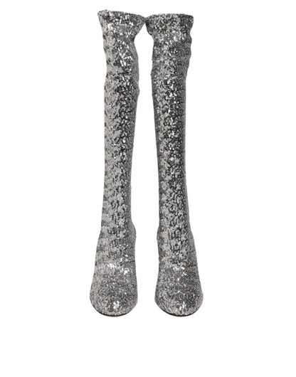 Silver Sequins Glitter High Heel Boot Shoes