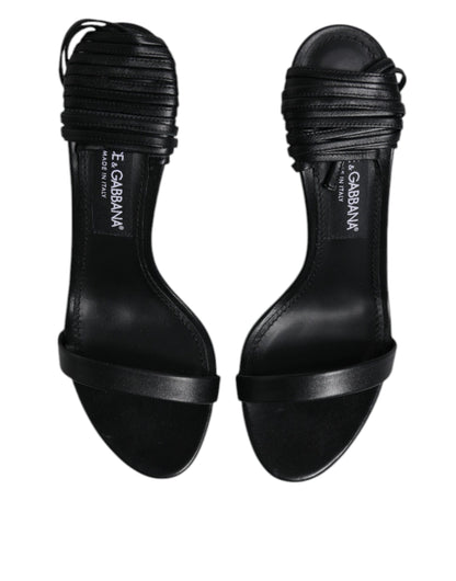 Black Leather Stiletto Heels Sandals Shoes