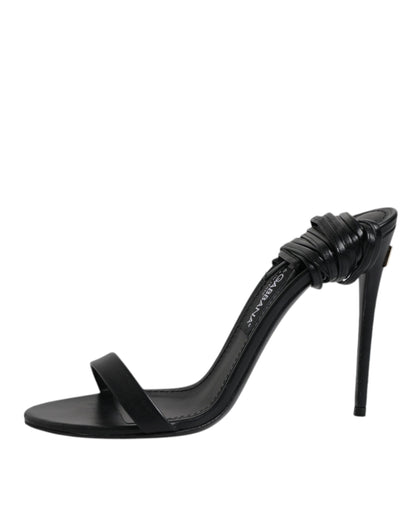 Black Leather Stiletto Heels Sandals Shoes