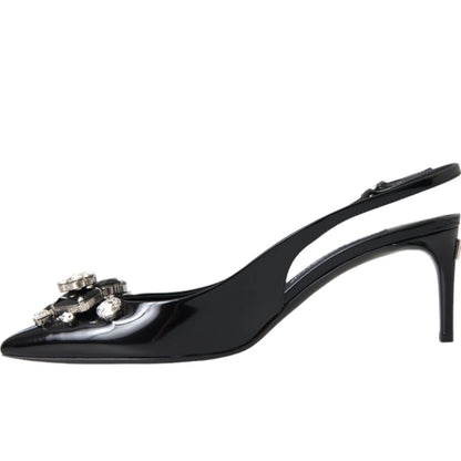 Black Patent Leather Crystal Slingback Shoes