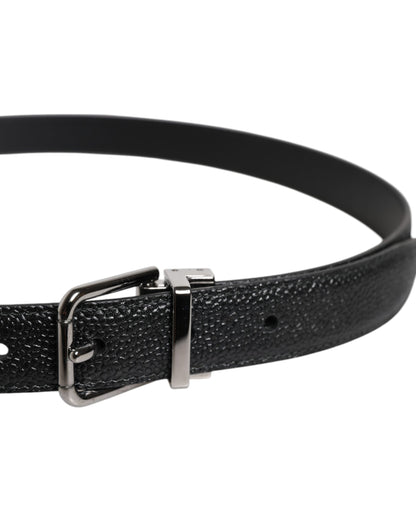 Black Textured Leather Silver Metal Buckle Men Belt
