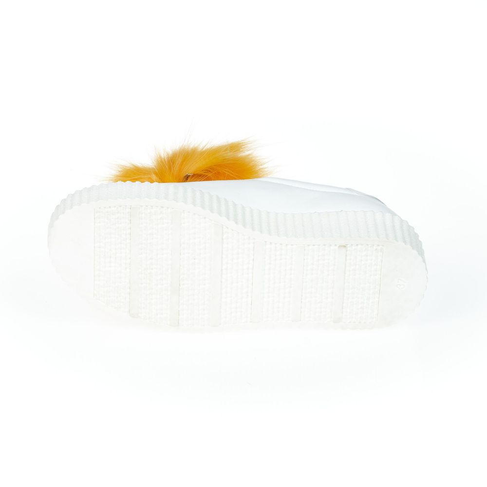 White Textile Women Sneaker with Fur Pom Poms