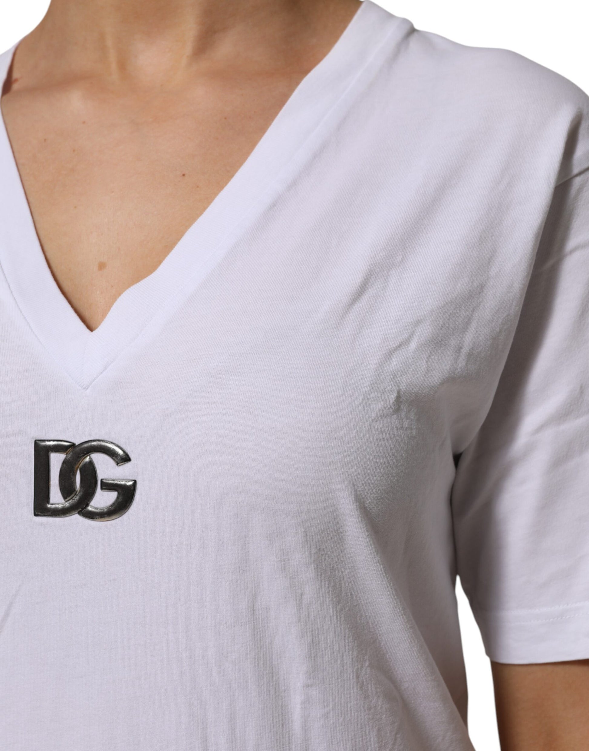White Cotton V-Neck Short Sleeves T-Shirt