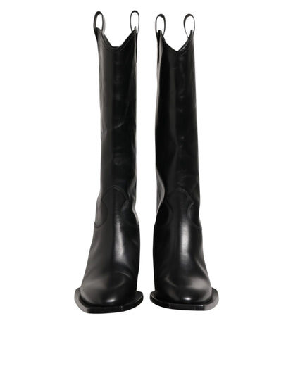 Black Leather Over The Calf Biker Boots Shoes