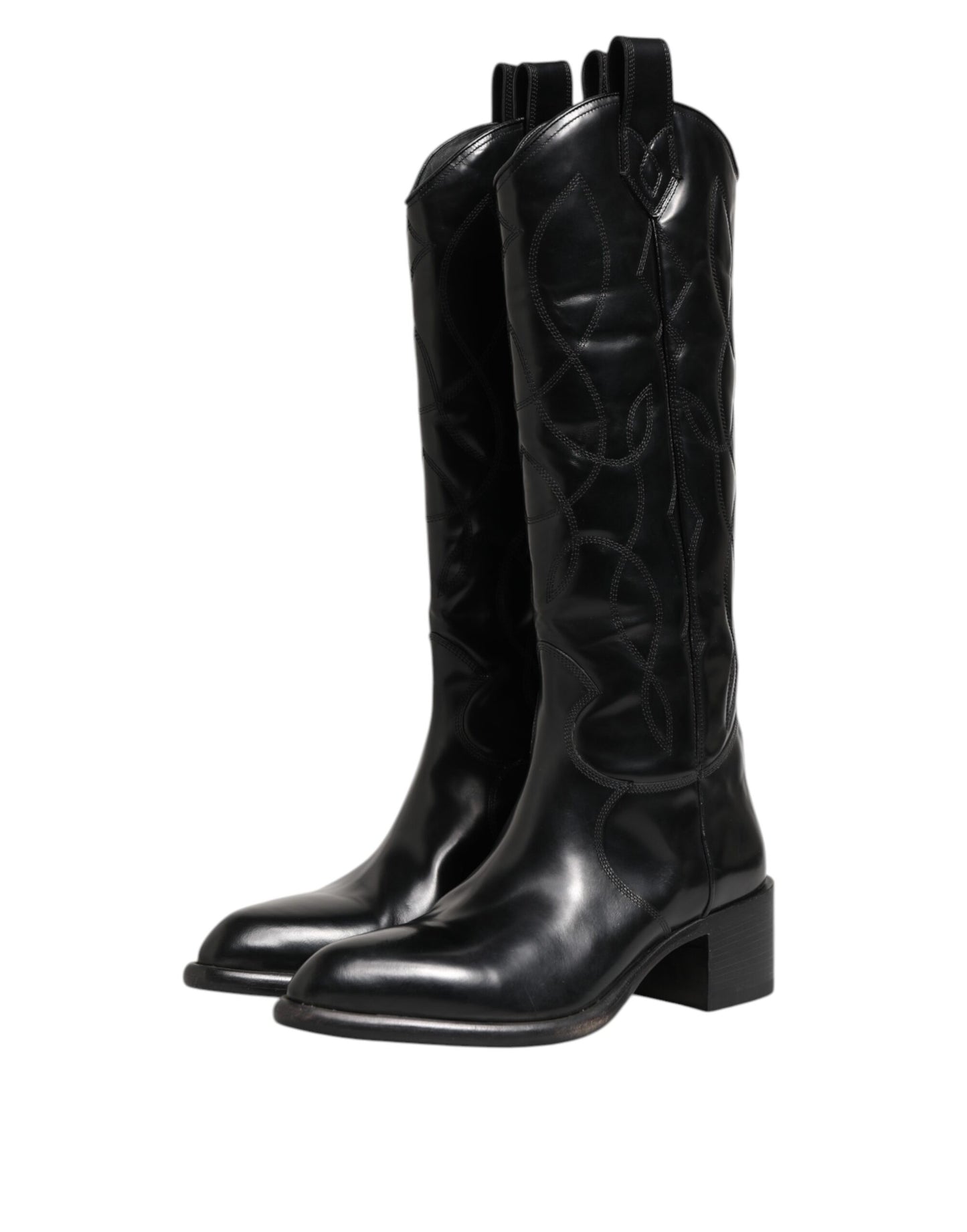 Black Leather Over The Calf Biker Boots Shoes