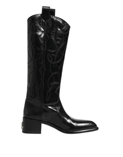 Black Leather Over The Calf Biker Boots Shoes