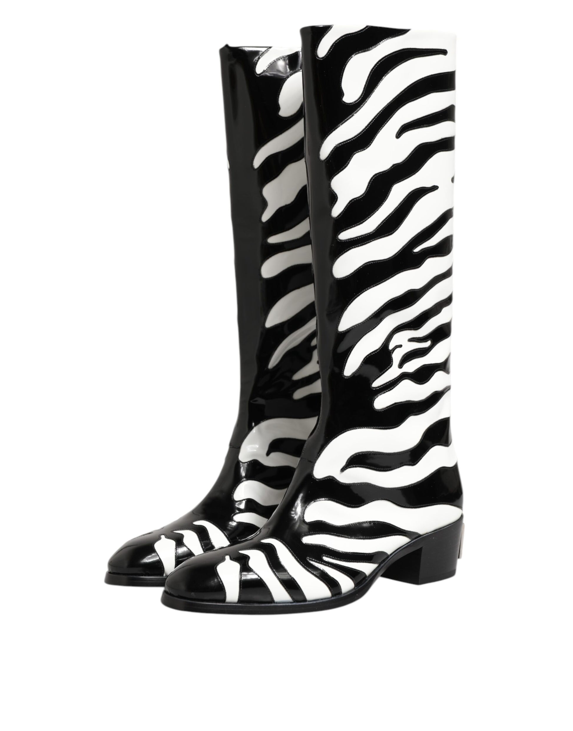 Black White Zebra Over The Calf Boots Shoes