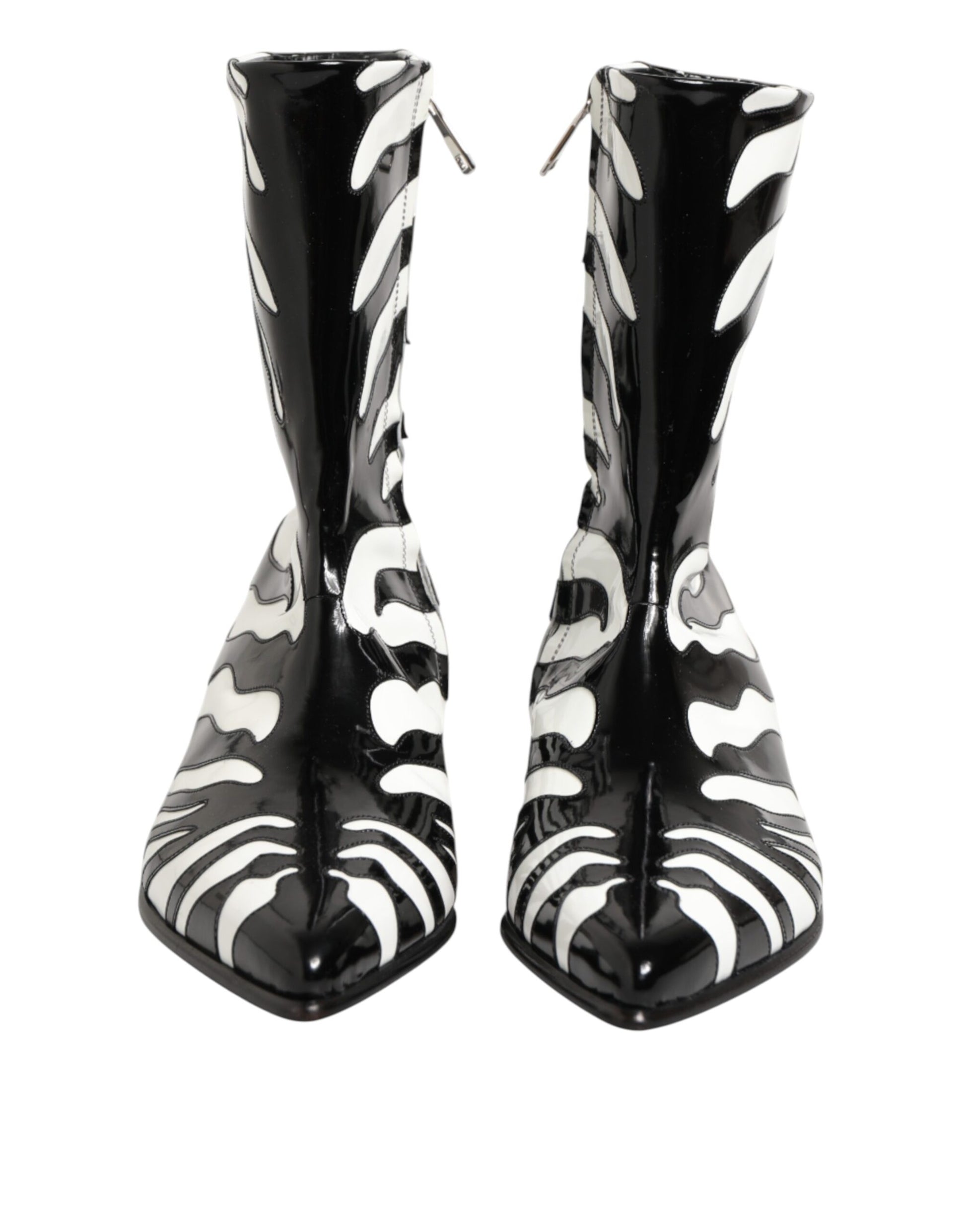 Black White Zebra Leather Mid Calf Boots Shoes