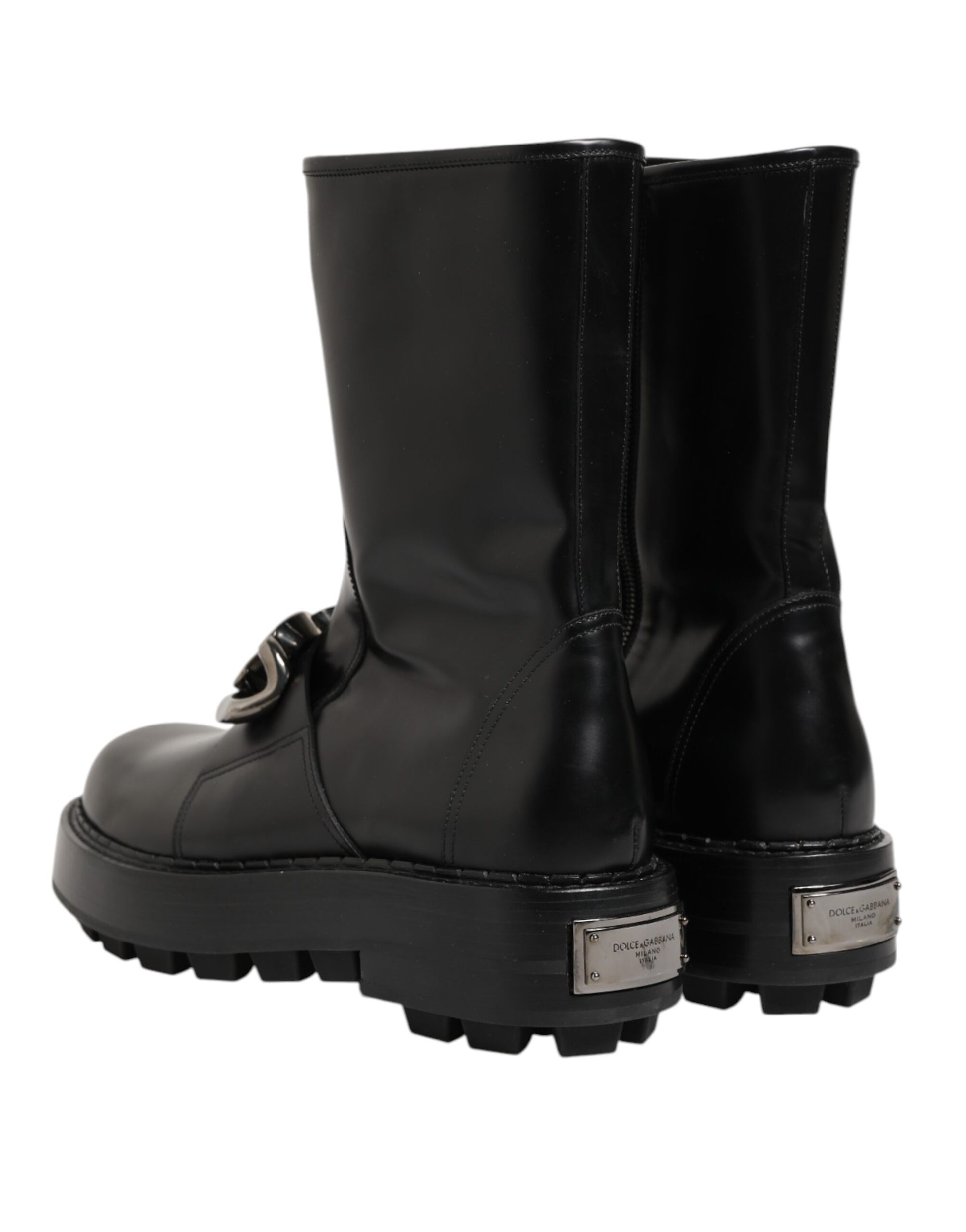Black Logo Plaque Mid Calf Biker Boots Shoes