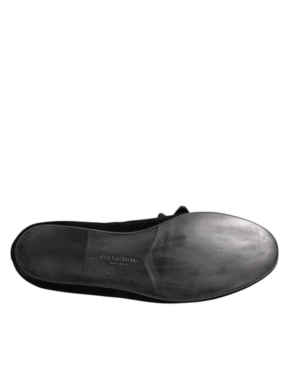 Black Suede Cotton Rose Slip On Loafers Shoes