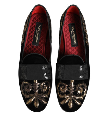 Black Velvet Embroidery Formal Loafers Shoes