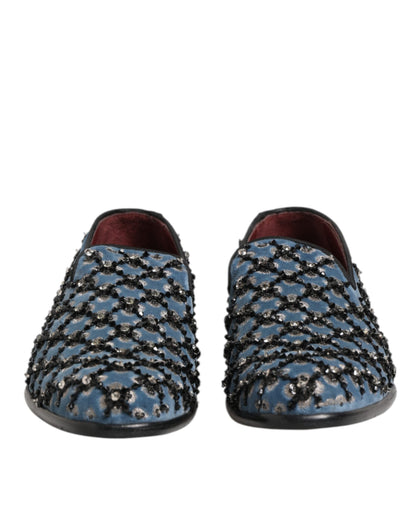 Blue Velvet Crystal Detailing Loafer Men Shoes