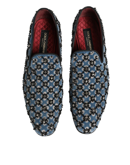 Blue Velvet Crystal Detailing Loafer Men Shoes