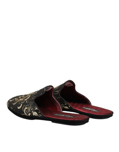 Black Floral Jacquard Slides Slippers Shoes