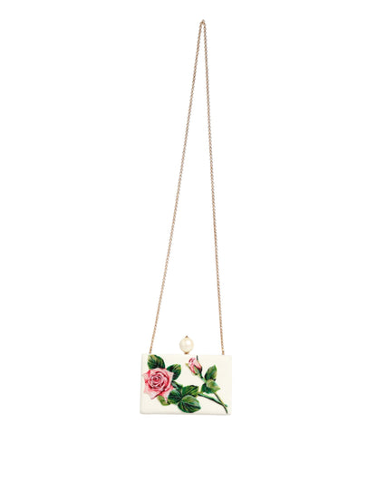 White Rose Embroidery Silk Gold Frame Clutch Purse Bag