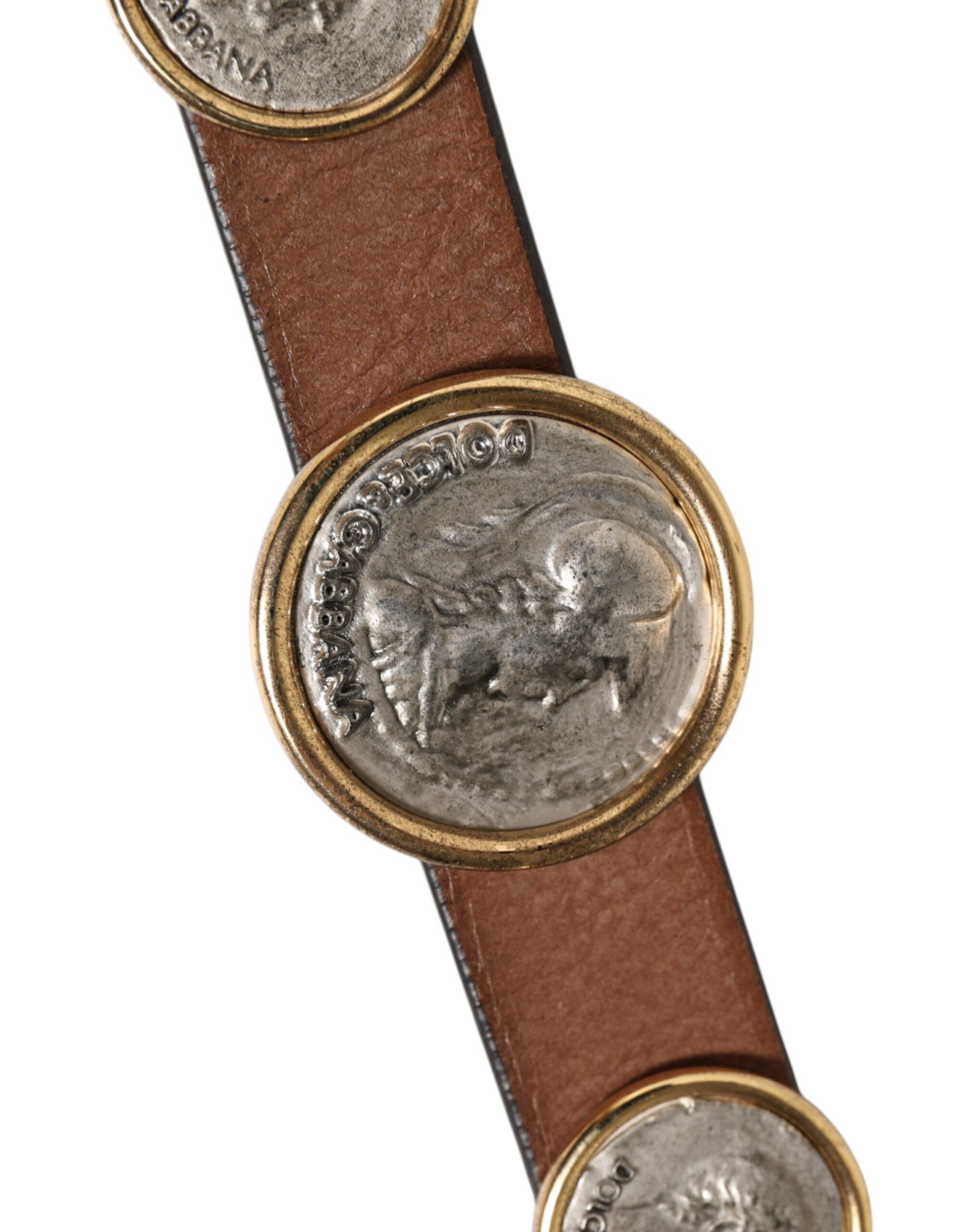 Brown Leather Gold Silver Coin Buckle Belt