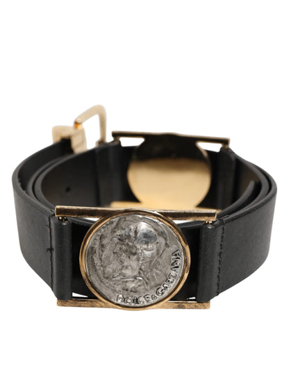 Black Leather Gold Silver Coin Buckle Belt