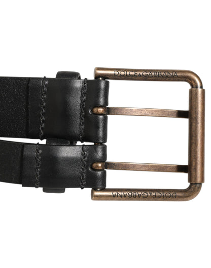 Black Double Strap Leather Brass Buckle Belt