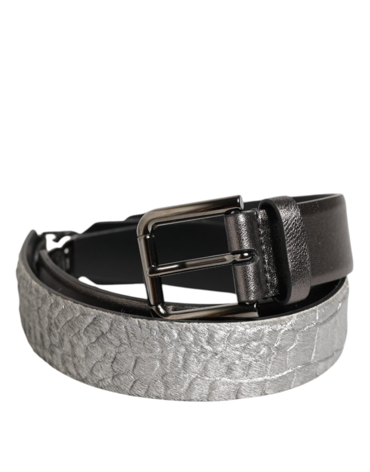 Black Silver Pebbled Texture Leather Buckle Men Belt