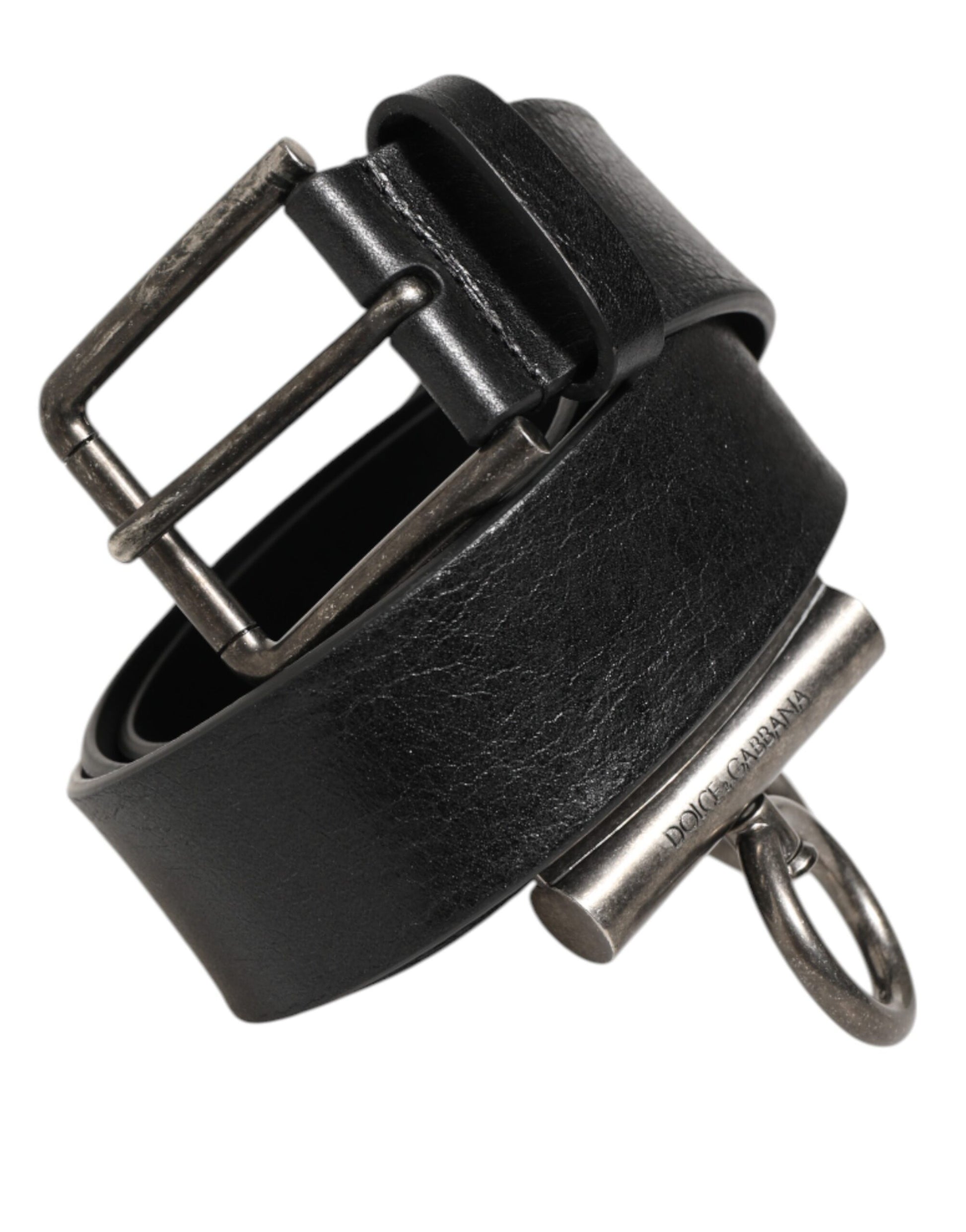 Black Leather Side Rings Brass Buckle Belt