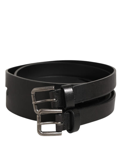 Black Double Strap Leather Silver Buckle Belt
