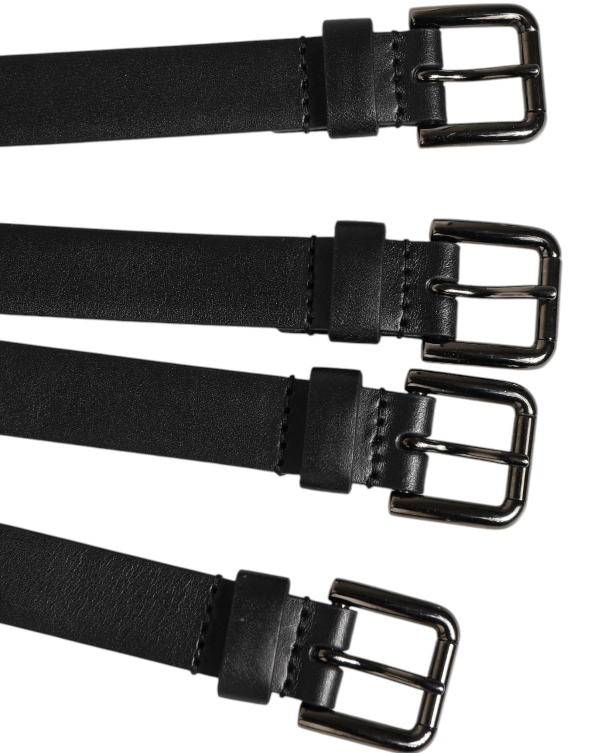 Black Leather 4-Strap Metal Multi-Buckle Belt