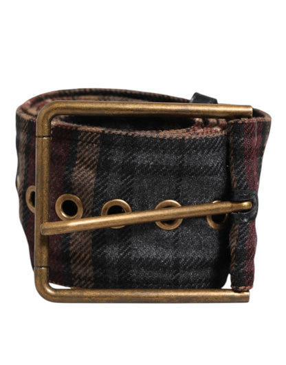 Plaid Fabric Logo Plate Brass Buckle Belt