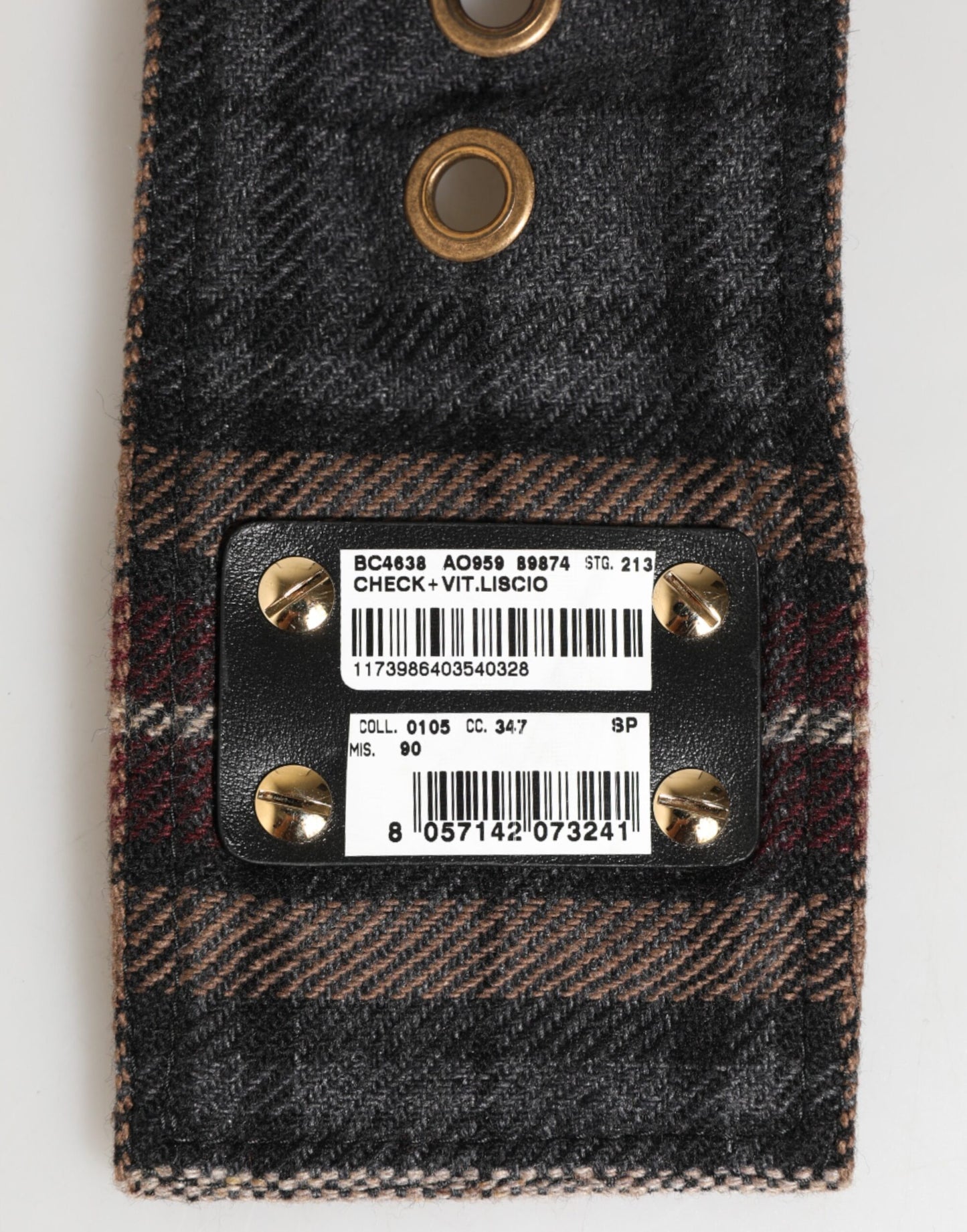 Plaid Fabric Logo Plate Brass Buckle Belt