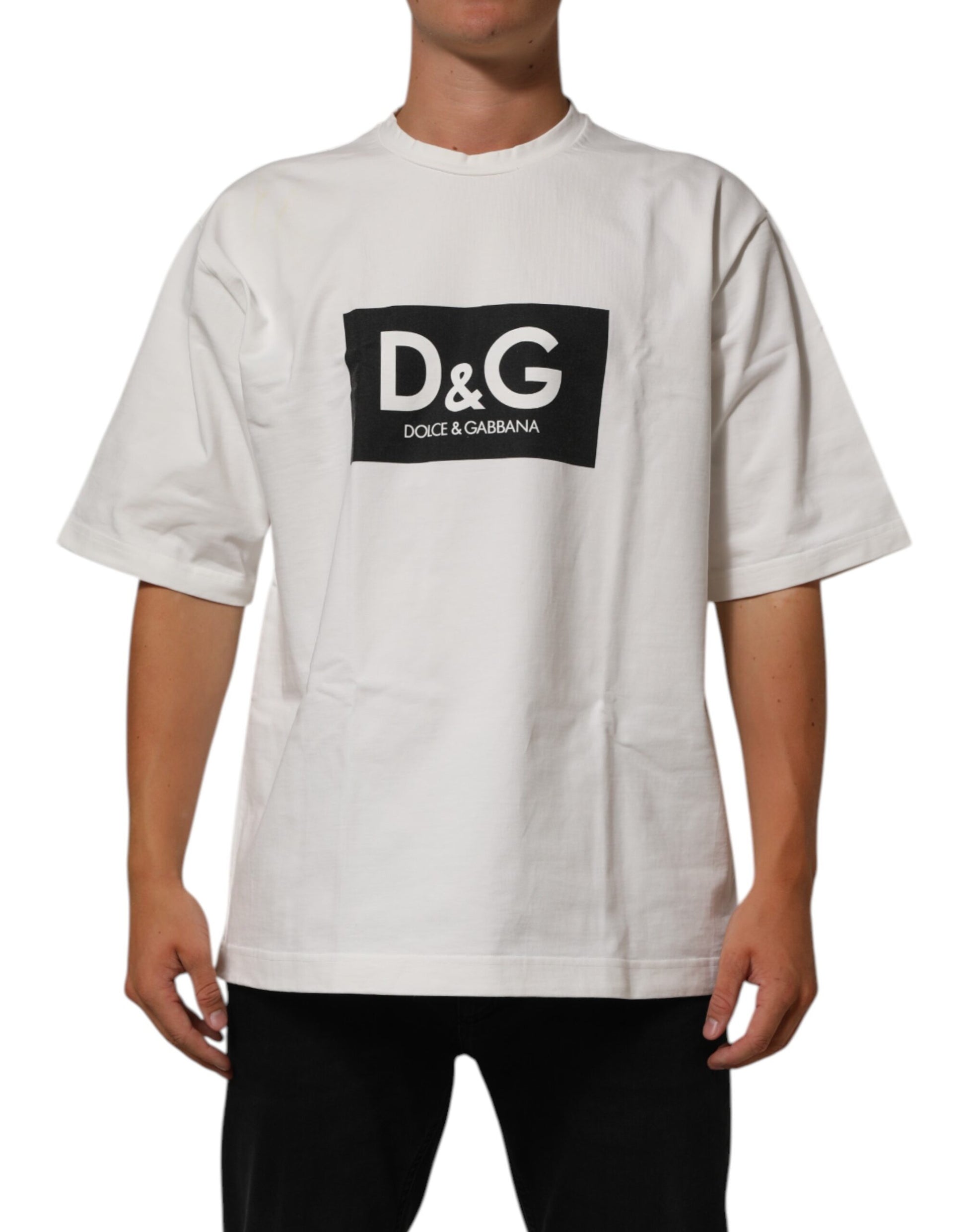 White Cotton Logo Print Crew Neck Men T-shirt