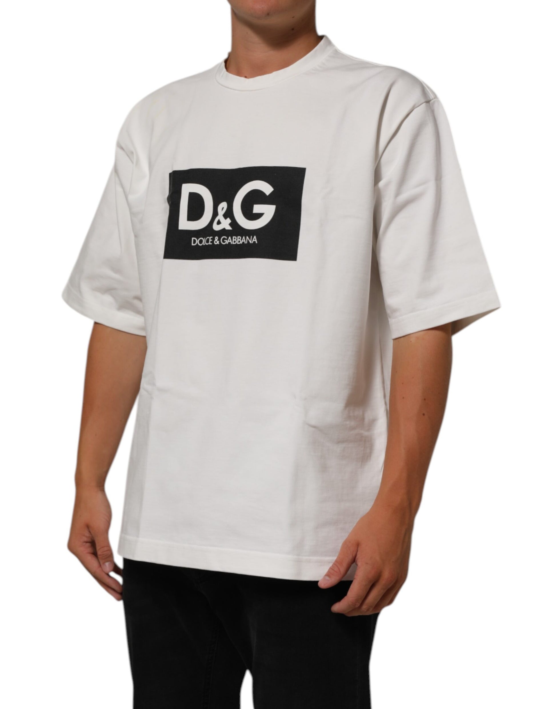 White Cotton Logo Print Crew Neck Men T-shirt