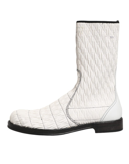 White Lambskin Leather Mid Calf Boots Shoes