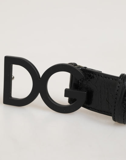 Black Exotic Leather Metal Logo Buckle Belt