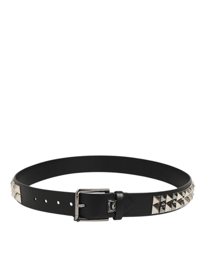Black Calf Leather Studded Silver Buckle Belt