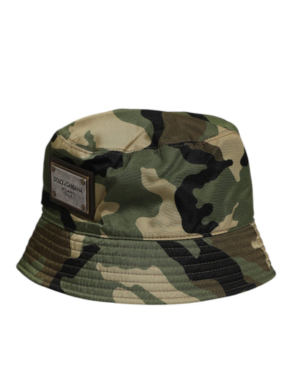 Green Camouflage Polyamide Logo Bucket Cap Hat
